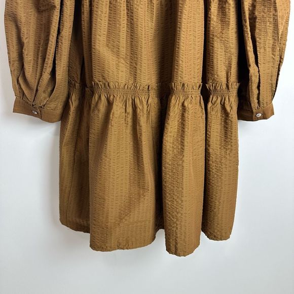 SEA Sevyn Seersucker Dress Size Large Long Sleeve Tobacco Brown Ruffle - Picture 13 of 16